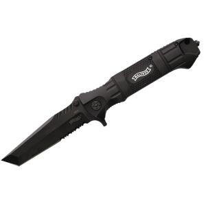 Fällkniv Walther Black Tac Fullmatad med egenskaper som kan assistera dig vid en nödsituation. Tanto blad samt delvis sågtandad egg, glaskross