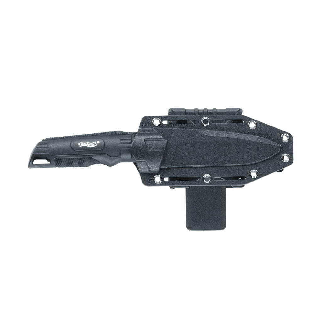 Walther Backup Knife Fast blad en lättåtkomlig kniv med ett tjockt, starkt blad i 440-stål. En riktigt läckert formgiven modell med mattsvart coating på bladet. Hölstret är formgjuten efter kniven och kan fästas både horisontellt och vertikalt.