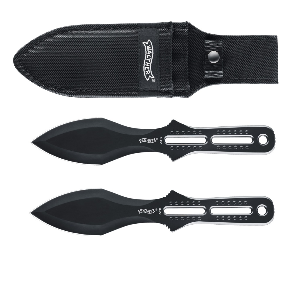 Kastknivar 2 styck Walther mycket väl avvägda kastknivar inklusive ett praktiskt fodral i ballistisk nylon, levereras i en snygg låda.