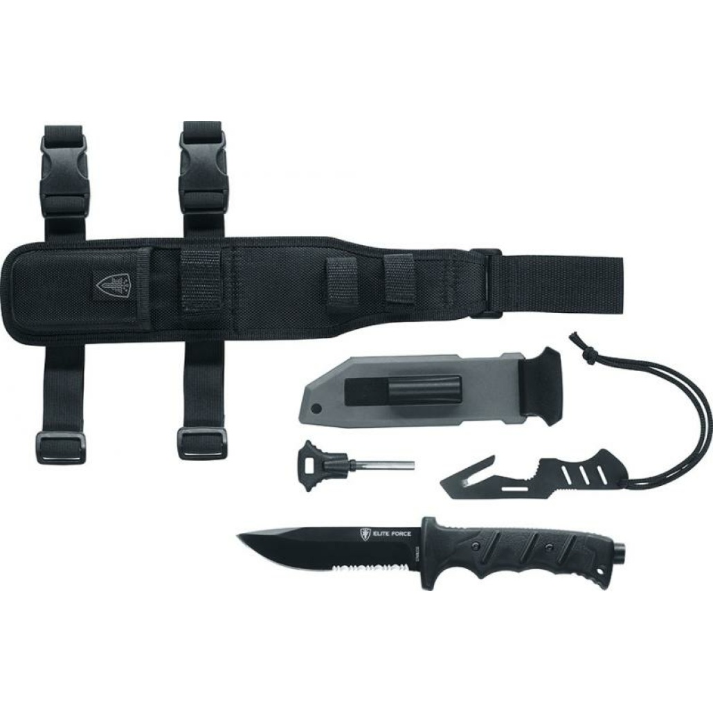 Elite Force Överlevnads kit slitstarkt benhölster, mattsvart sågtandat blad i 420 rostfritt stål, eldstål, knivskärpare och bältes skärare.