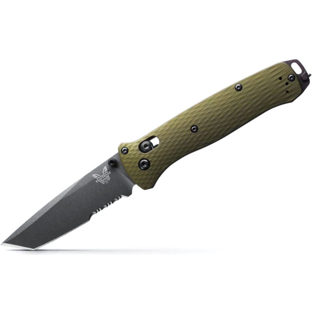 Benchmade 537SGY-1 Bailout utrustad med aluminiumgrepp och glaskross. En praktiskt slitvarg med delvis sågtandat blad i CPM-M4 stål! Made in USA!