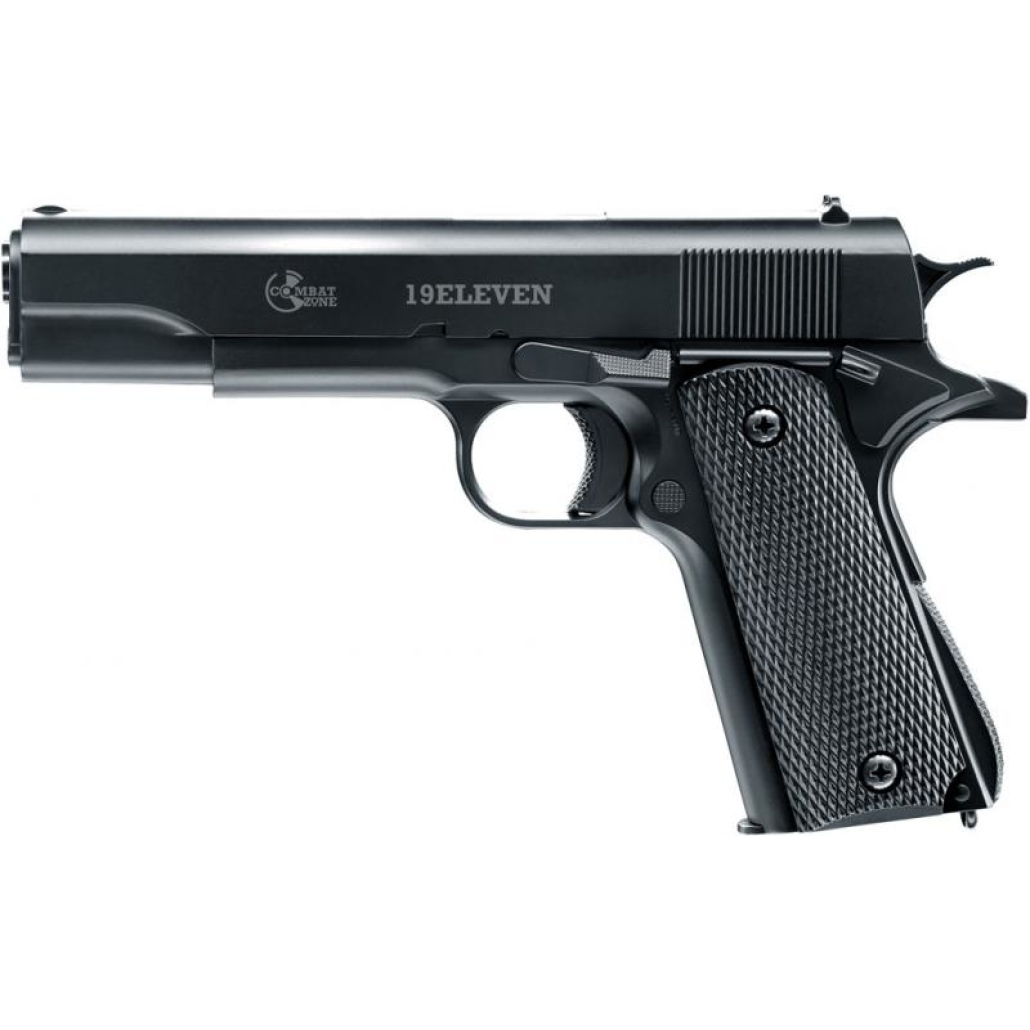 Combat Zone 19ELEVEN 6mm Airsoft Pistol en prisvärd, fjäderdriven version av den välkända 1911-modellen, här i ett stabilt utförande med överdel i metall.