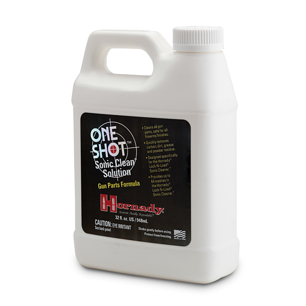 Hornady One Shot Sonic Gun Solution Cleans all gun parts and is safe for all firearms finishes. Quickly removes carbon, dirt, grease and powder residue.