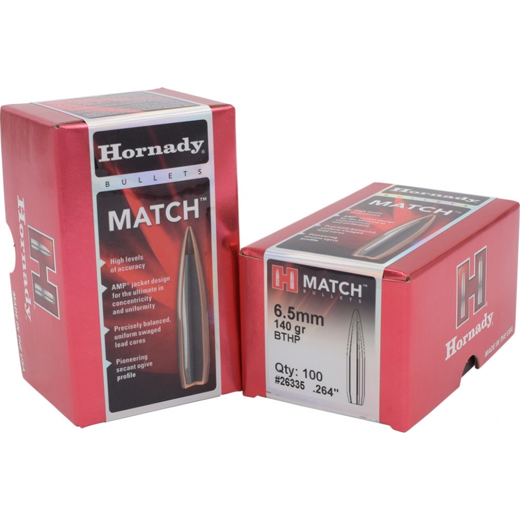 Hornady Match Bullets 6.5MM .264 140 GR BTHP 100/Box med hålspets är utvecklad för precisions- och tävlingsskytte. BC (G1) .580 Sectional Densisty / SD    .287