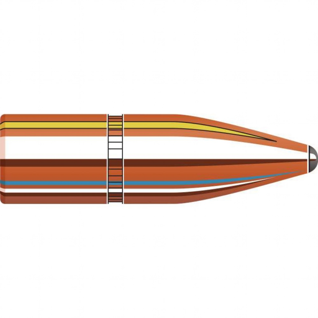 Hornady InterLock Rifle Bullets en traditionell jaktkula med exponerad blyspets. Kulans blyspets ger en djup och kontrollerad expansion.