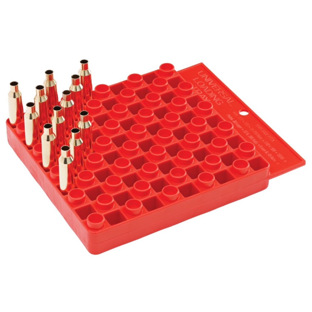 Hornady Universal Loading Block This double-sided block holds 50 cases Fits 223, 308 and magnum case size heads. helps streamline powder charging and inspection.