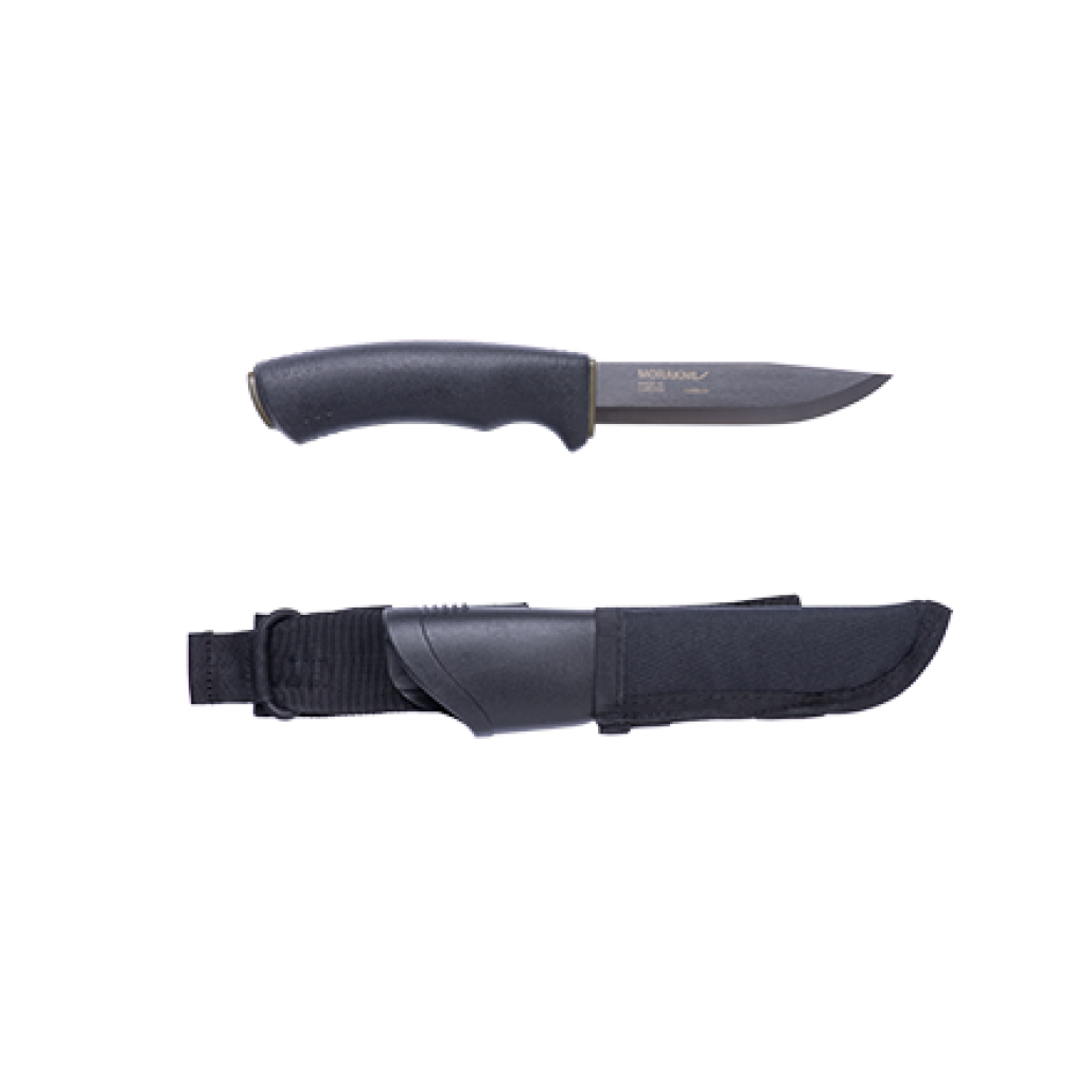 MORA TACTICAL SVART MOLLE SLIDA gedigen kolstålskniv med ett 3,2mm tjockt DLC-skyddat blad, eldstålskompatibel och levereras tillsammans med en MOLLE-slida.