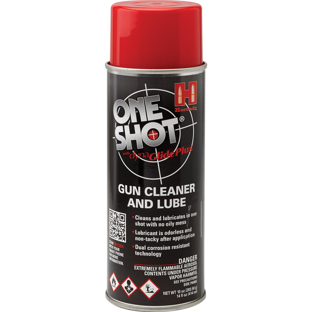Hornady, One Shot AErosol Spray Gun Cleaner a revolutionary formula developed to prevent firearm malfunctions caused by a buildup of lubricants and grime.