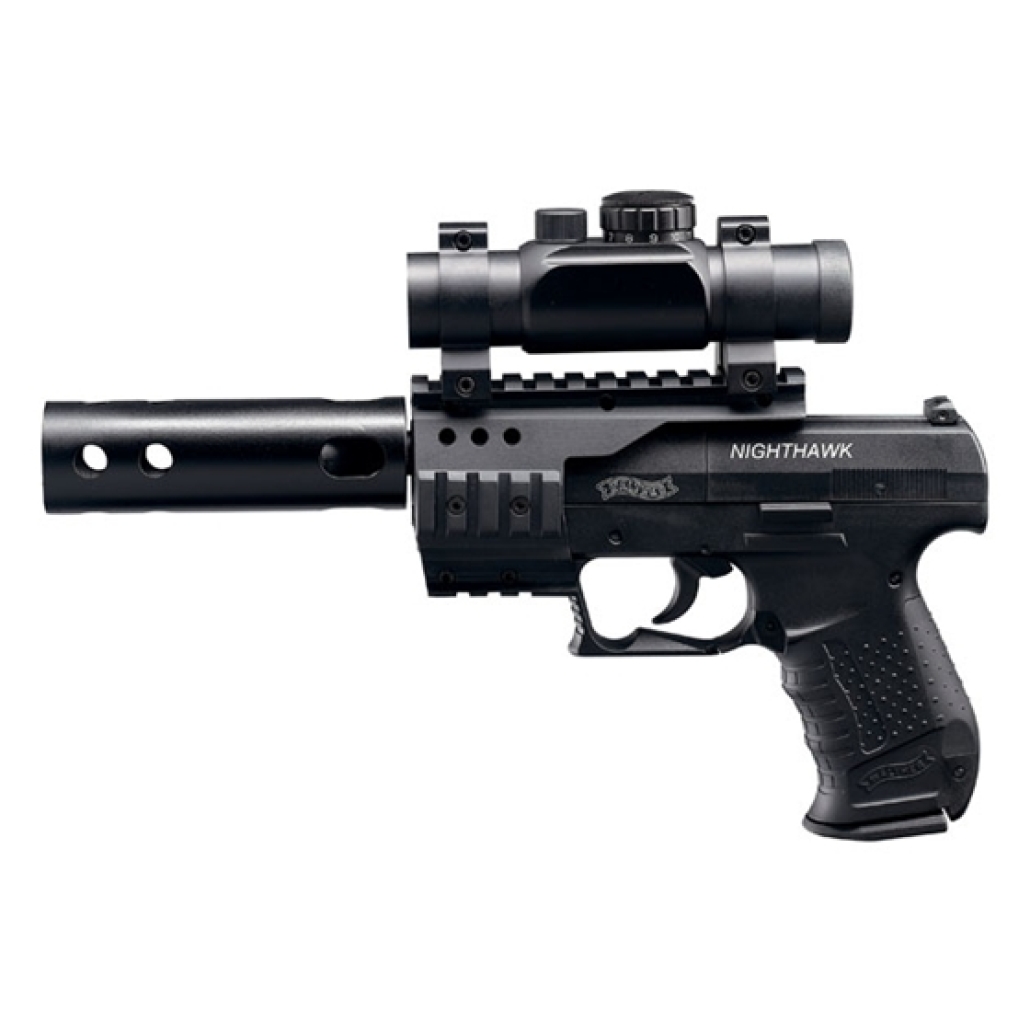 Walther NightHawk svart Co2 Diaboler levereras med inställbart rödpunktssikte Walther Top Point 1 av mycket hög kvalité, rails (Weaver) samt kompensator.