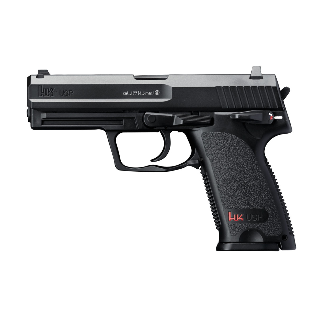 Heckler&Koch USP Co2 Luftpistol Tung replika som kan avfyra stålrundkulor i snabb takt. Magasinet rymmer både ammunition och kolsyrepatron.