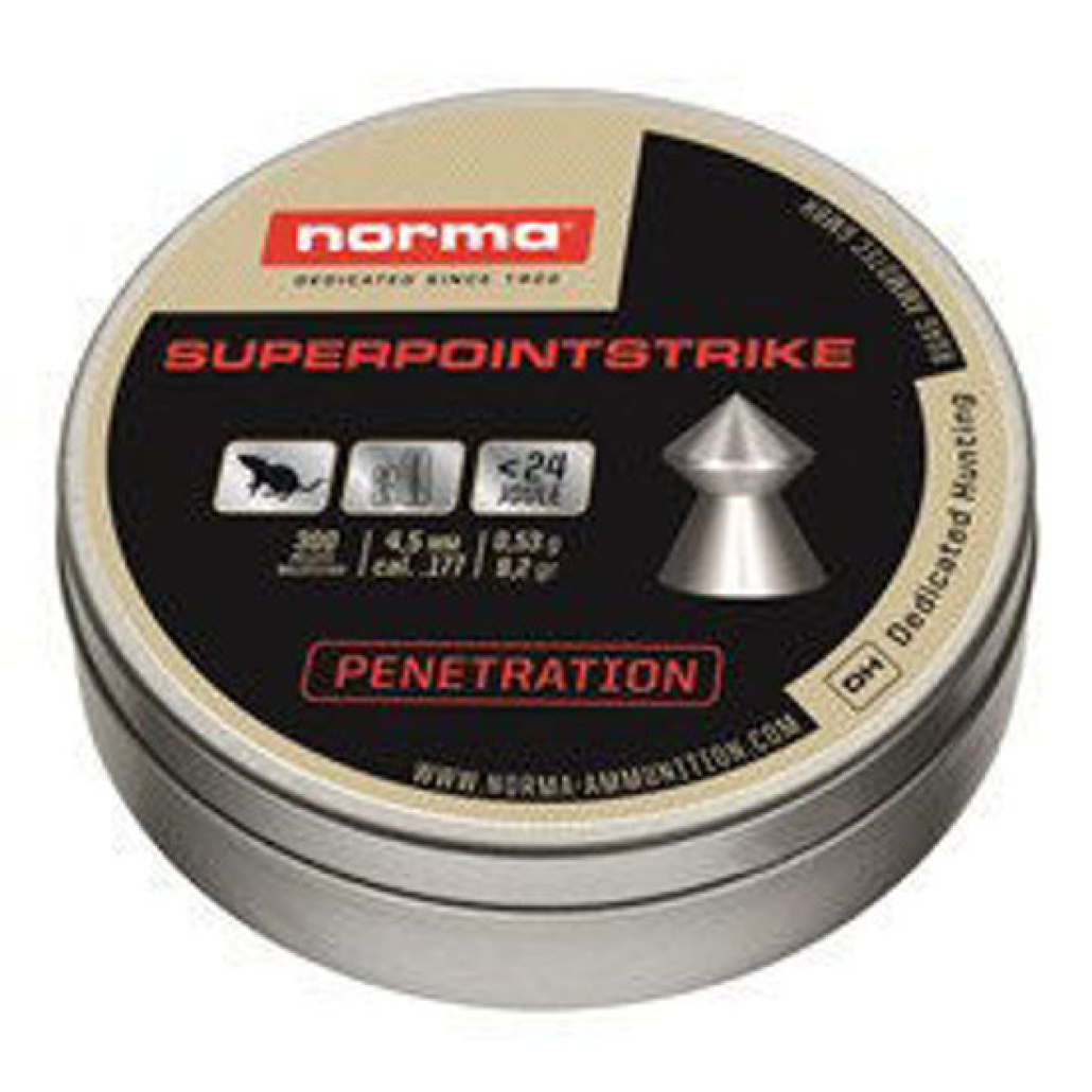 Norma Superpoint Strike 5.5mm bättre penetration, vilket gör den till en utmärkt diabol för allt övnings- och fältskytte samt även för jakt med luftvapen!