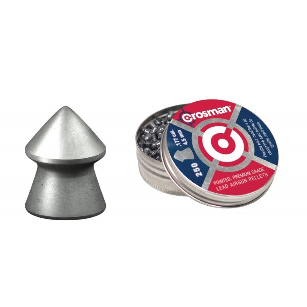 Crosman Pointed Diaboler Spetskulor lämpliga för lite längre skjutavstånd. Spetsnos diaboler i kaliber    4,5mm / .177 Vikt 0,48g Antal per ask 250st diaboler.