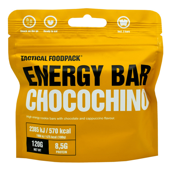 Tactical Foodpack Energy Bar Chocochino en utsökt choklad- och cappuccinosmak och en tillfredsställande krispigt kexliknande konsistens.