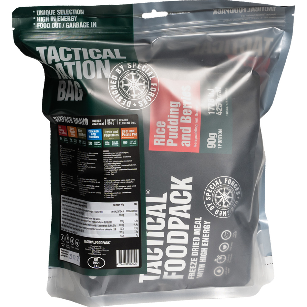 Tactical Foodpack Six Pack Bravo inkluderar sex måltider och räcker till en 2-dagars hike. Den bästa frystorkade maten!