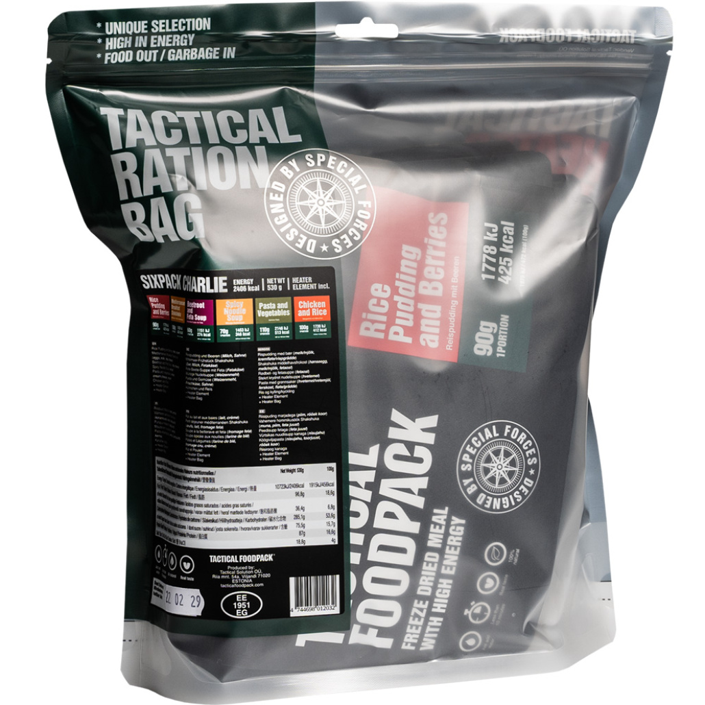 Tactical Foodpack Six Pack Charlie inkluderar sex måltider och räcker till en 2-dagars hike. Den bästa frystorkade maten!