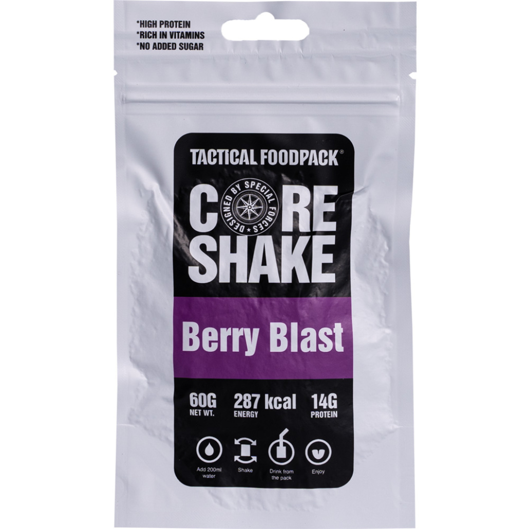Tactical Foodpack Core Shake Berry Blast Frystorkad – tillsätt bara ett glas kallt vatten, skaka och njut direkt ur förpackningen.