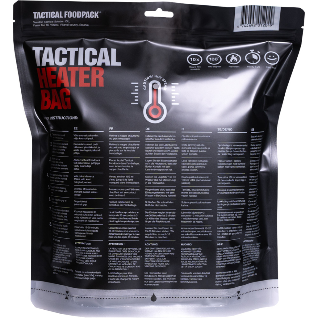 Tactical Foodpack Heater Bag with Element I situationer där det inte går att koka vatten eller göra upp eld! Tillsätt cirka 150 ml vatten och värmaren håller upp till 25 minuter, värmarens temperatur stiger upp till 100 grader Celsius!