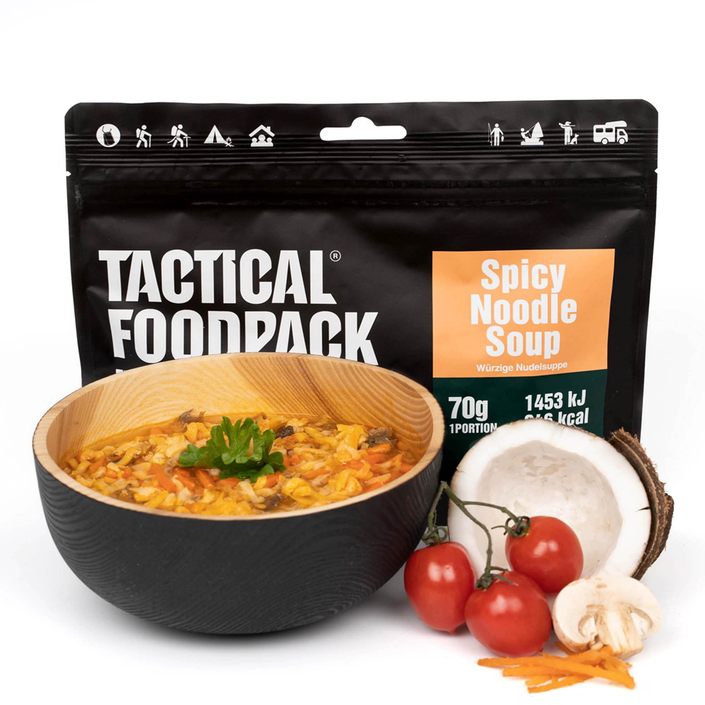 Tactical Foodpack Spicy Noodles Kryddig kyckling-nudelsoppa med champinjoner och kokosmjölk. Kryddighets nivån kan justeras!