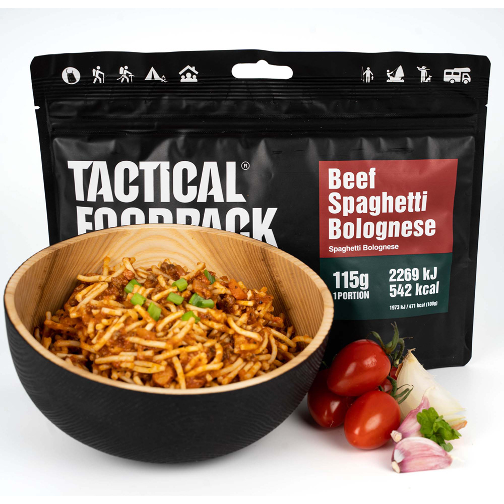 Tactical Foodpack Beef Spaghetti Bolognese Innehåller nötfärs och selleri för en fin smaknyans. 100% naturlig, utan konserveringsämnen!