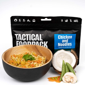 Tactical Foodpack Chicken and Noodles Nudlar med kyckling, med en behaglig smak av kokosmjölk och olika kryddor. 100% naturlig