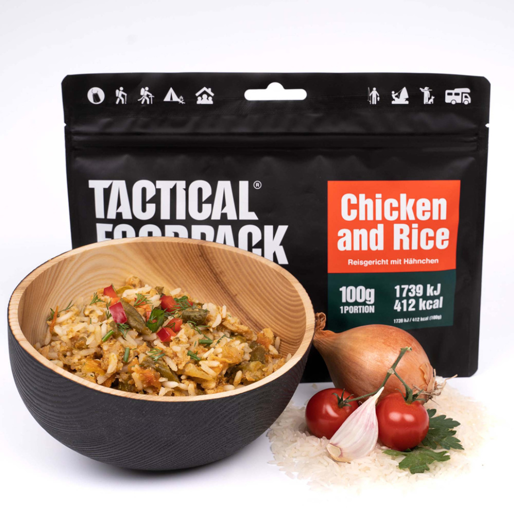 Tactical Foodpack Chicken and Rice Lättare kryddad risrätt med kyckling, innehåller även naturlig kycklingbuljong. 100% naturlig!