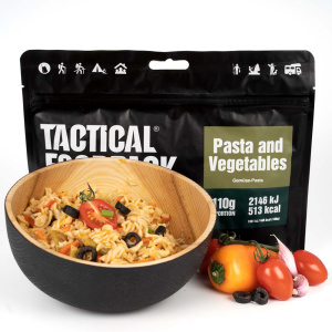 Tactical Foodpack Pasta and Vegetables många grönsaker, naturlig smak och högt kalorivärde, fungerar som ett bra alternativ till kötträtter.