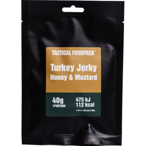 Tactical Foodpack Turkey Jerky Honey and Mustard noggrant marinerad i honungs-, senap- och lökmarinad och sedan lufttorkad.