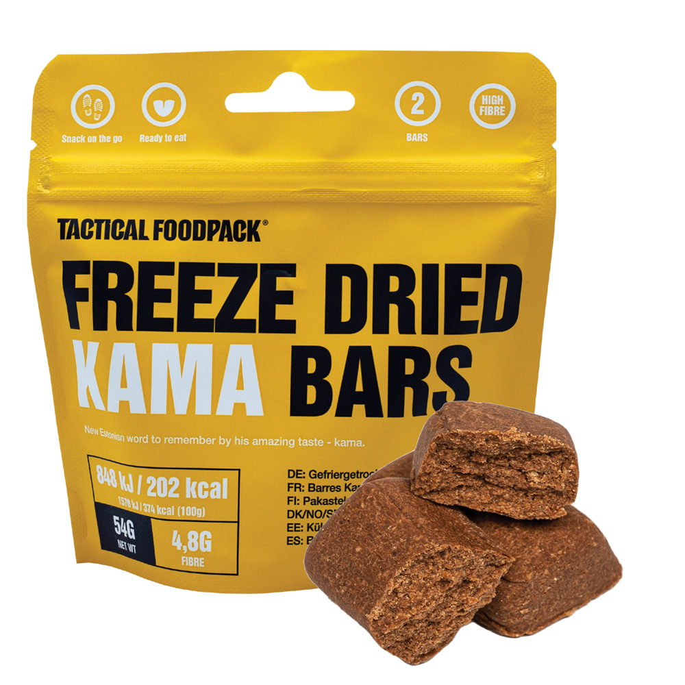 Tactical Foodpack Freeze Dried Kama Bars traditionell estnisk sak – det är en blandning av rostat korn, råg, vete och ärtmjöl! Kama innehåller höga halter av fibrer som fyller magen, tar bort gifter från kroppen och reglerar även blodtrycket.
