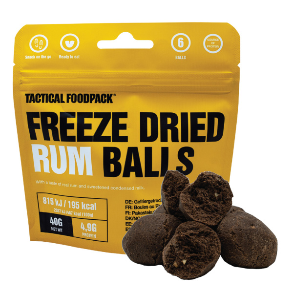 Tactical Foodpack Freeze Dried Rum Balls Något sött på språng med en twist av romsmak. Innehåller riktigt smör och kondenserad mjölk!