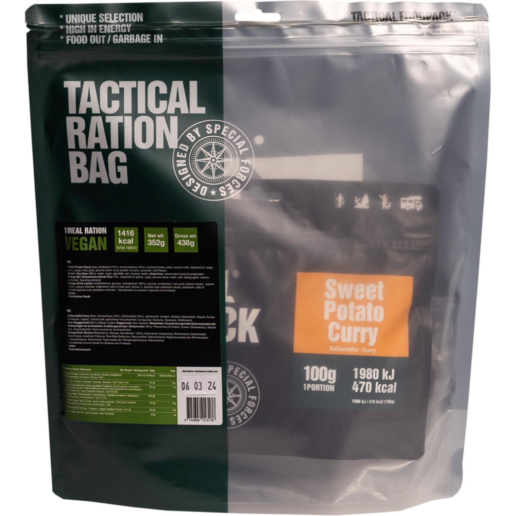 Tactical Foodpack 1 Meal Ration Vegan sötpotatiscurry och rågbröd. Chocochino energibar och energidryck pulver med citronsmak.