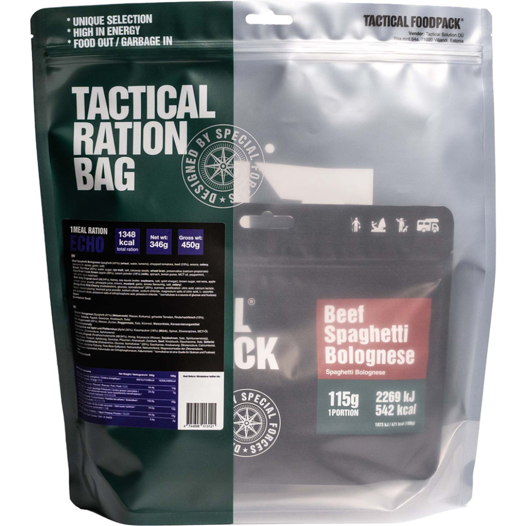 Tactical Foodpack 1 Meal Ration Echo Innehåller en måltid, olika snacks och en energidryck. Detta är den bästa frystorkade maten!