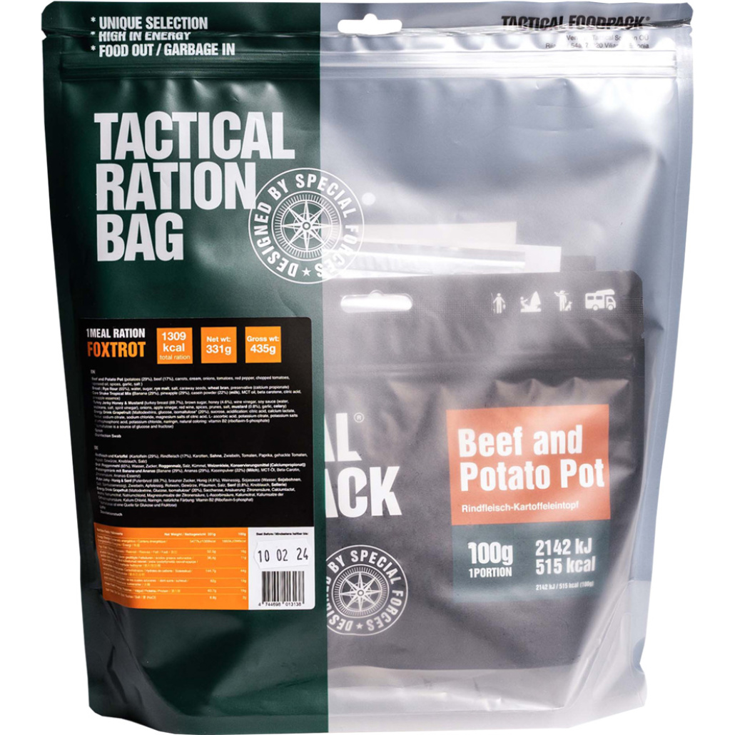 Tactical Foodpack 1 Meal Ration Foxtrot designad för kortare utmaningar. I ransonerna ingår en måltid, olika snacks och en energidryck.