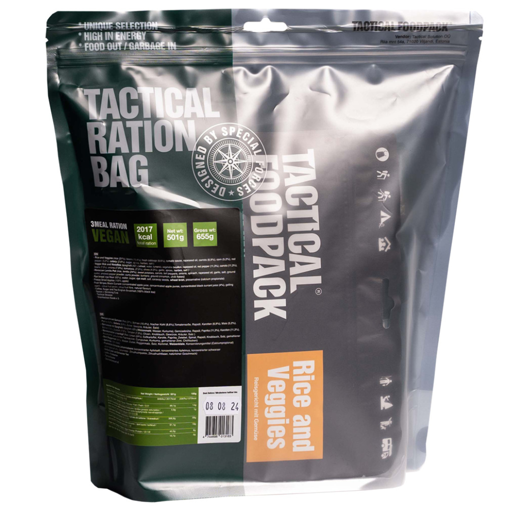Tactical Foodpack 3 Meal Ration Vegan 3 måltidspaket, ris och grönsaker, vegetabilisk wok och nudlar och marockansk linsgryta.