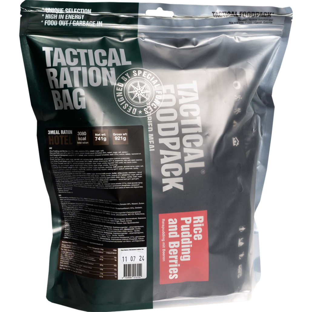Tactical Foodpack 3 Meal Ration Hotel Innehåller tre måltider och olika mellanmål. Du kan göra kaffe eller kakao för en uppfriskande drink.