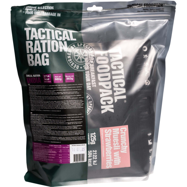 Tactical Foodpack 3 Meal Ration India inkluderar tre måltider och olika mellanmål. Du kan göra kaffe eller kakao för en uppfriskande drink.