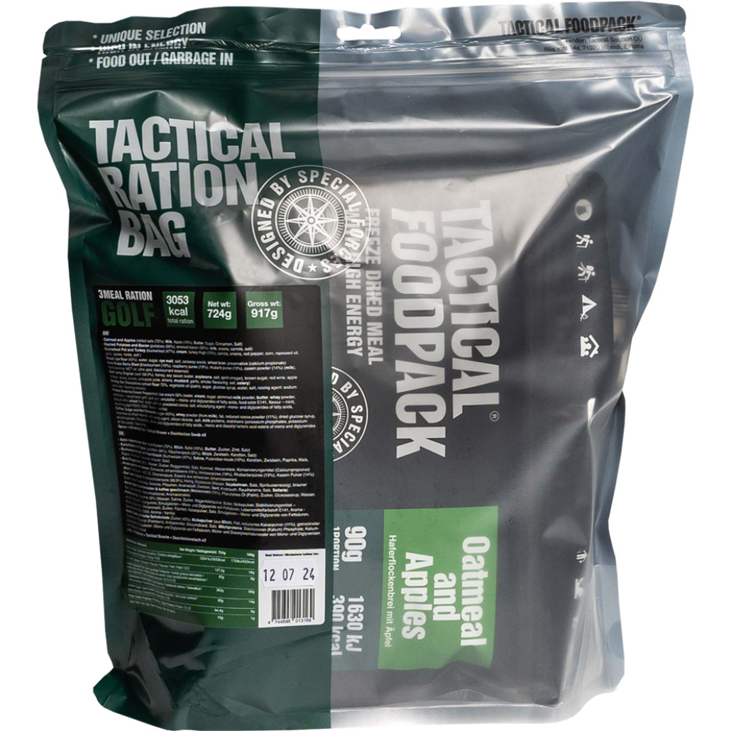 Tactical Foodpack 3 Meal Ration Golf Innehåller tre måltider och olika mellanmål. Du kan göra kaffe eller kakao för en uppfriskande drink.