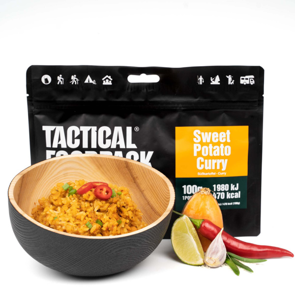 Tactical Foodpack Sweet Potato Curry Kokosmjölk och lime ger den rätta smaken av curry. Serveras med fluffigt ris.