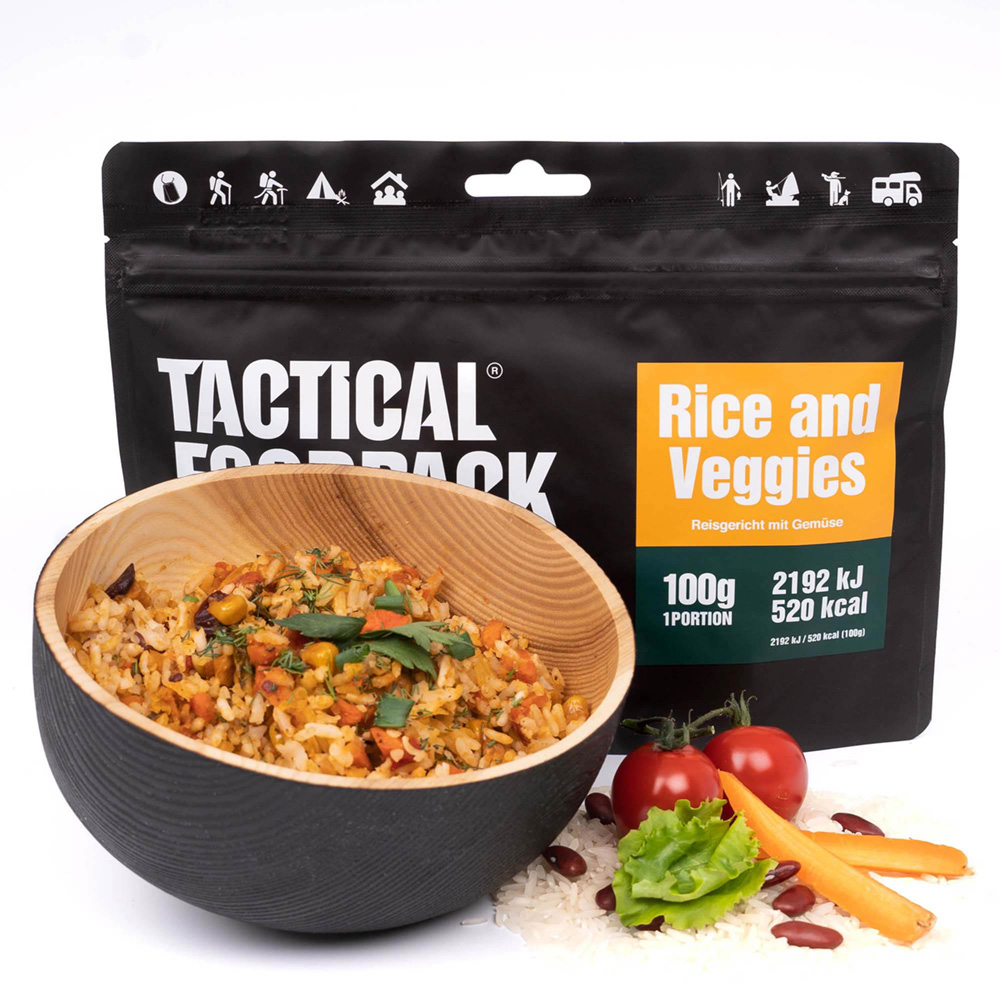 Tactical Foodpack Rice and Veggies utsökt vegansk rätt med mycket wok-grönsaker. Färsk kål ger fräschör till maten, medan bönor gör den mer näringsrik