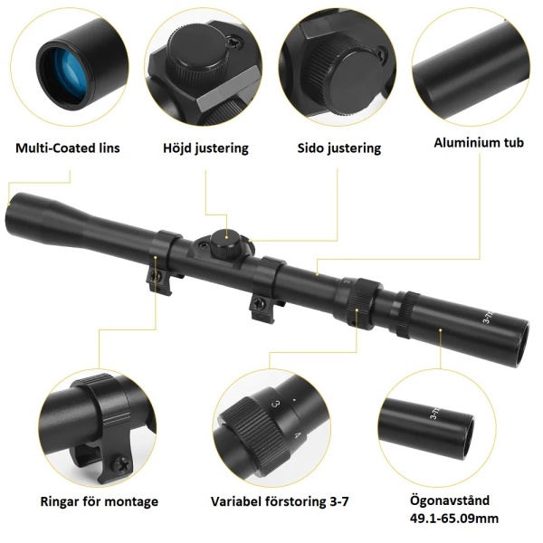 Kikarsikte 3-7X20 Riflescope med variabel förstoring, är alltid lite trevligare att använda sig av, allt beroende på hur nära man vill komma till skjutmålet
