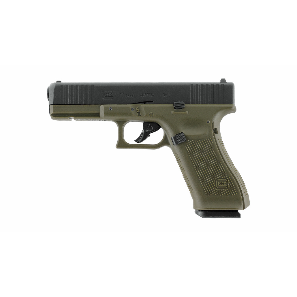 Glock 17 Gen5 Battlefield Green blowback och slätborrad pipa för stålrundkulor. Större och utvidgad magasin brunn, Lite rundare former på manteln mm.