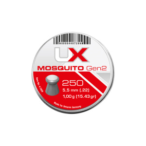 UX Mosquito Gen2 5.5mm/.22 är en plattnos/wadcutter diabol från Umarex som är bra för tavelskytte på kortare avstånd. Jämna, fina och prisvärda diaboler.