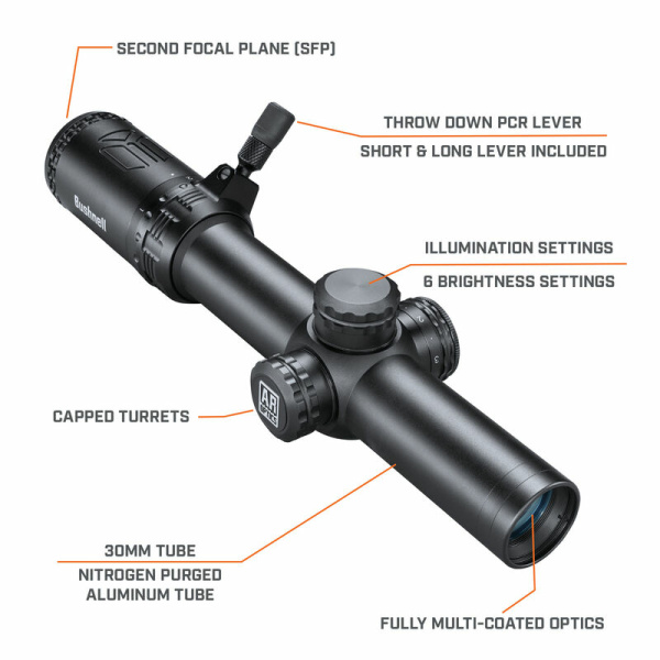 Bushnell AR Optics 1-8x24 är ett belyst sikte med där två Throw Down PCL Lever i olika längd ingår för att kunna växla förstoring snabbt och optimalt. Bushnell AR Optics 1-8x24 är ett belyst sikte med där två Throw Down PCL Lever i olika längd ingår för att kunna växla förstoring snabbt och optimalt. 