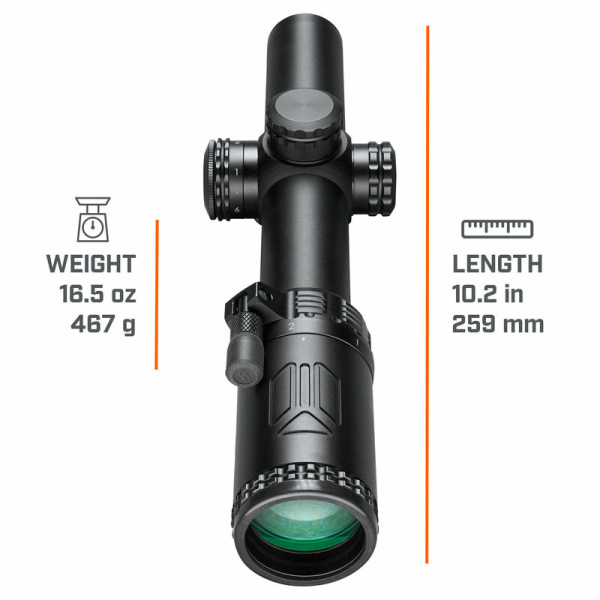 Bushnell AR Optics 1-8x24 är ett belyst sikte med där två Throw Down PCL Lever i olika längd ingår för att kunna växla förstoring snabbt och optimalt. 