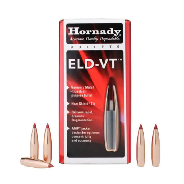 Hornady ELD-VT Bullets 22 pairs the aerodynamics of a low-drag match bullet with the light weight and high velocity of a varmint bullet!