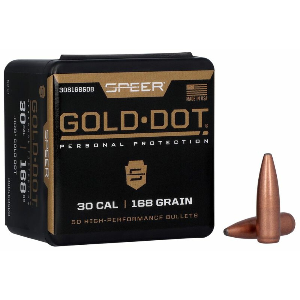Speer Gold Dot Bullets senaste tillskottet till alla handladdare, BC (G1)    .572 / SD   0,253 Kulvikt: 10,88 g / 168 grains Kaliber: 30 Cal. / .308