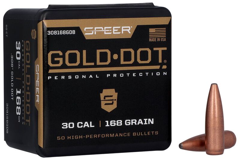 Speer Gold Dot Bullets senaste tillskottet till alla handladdare, BC (G1) .572 / SD 0,253 Kulvikt: 10,88 g / 168 grains Kaliber: 30 Cal. / .308