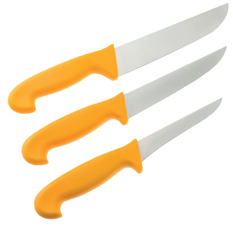 Solinger Knivset Giesser, symbolen för högsta kvalitet: De råa bladen är stansade av premium krom-molybdenstål. Urbenings kniv, Stickkniv, Slaktkniv