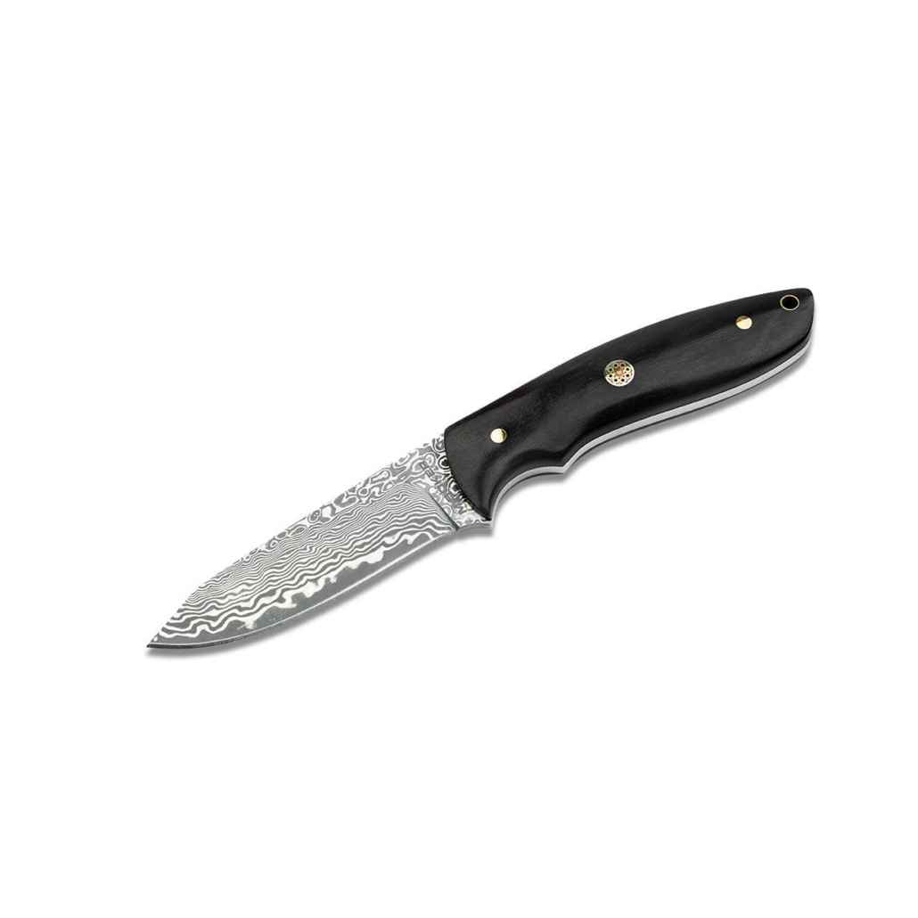 Böker Magnum Vernery Damast Ett ädelt droppoint-blad tillverkat av 67 lager damaskus i ett tvåfärgat mönster! Idealisk för camping, bushcrafting eller jakt.