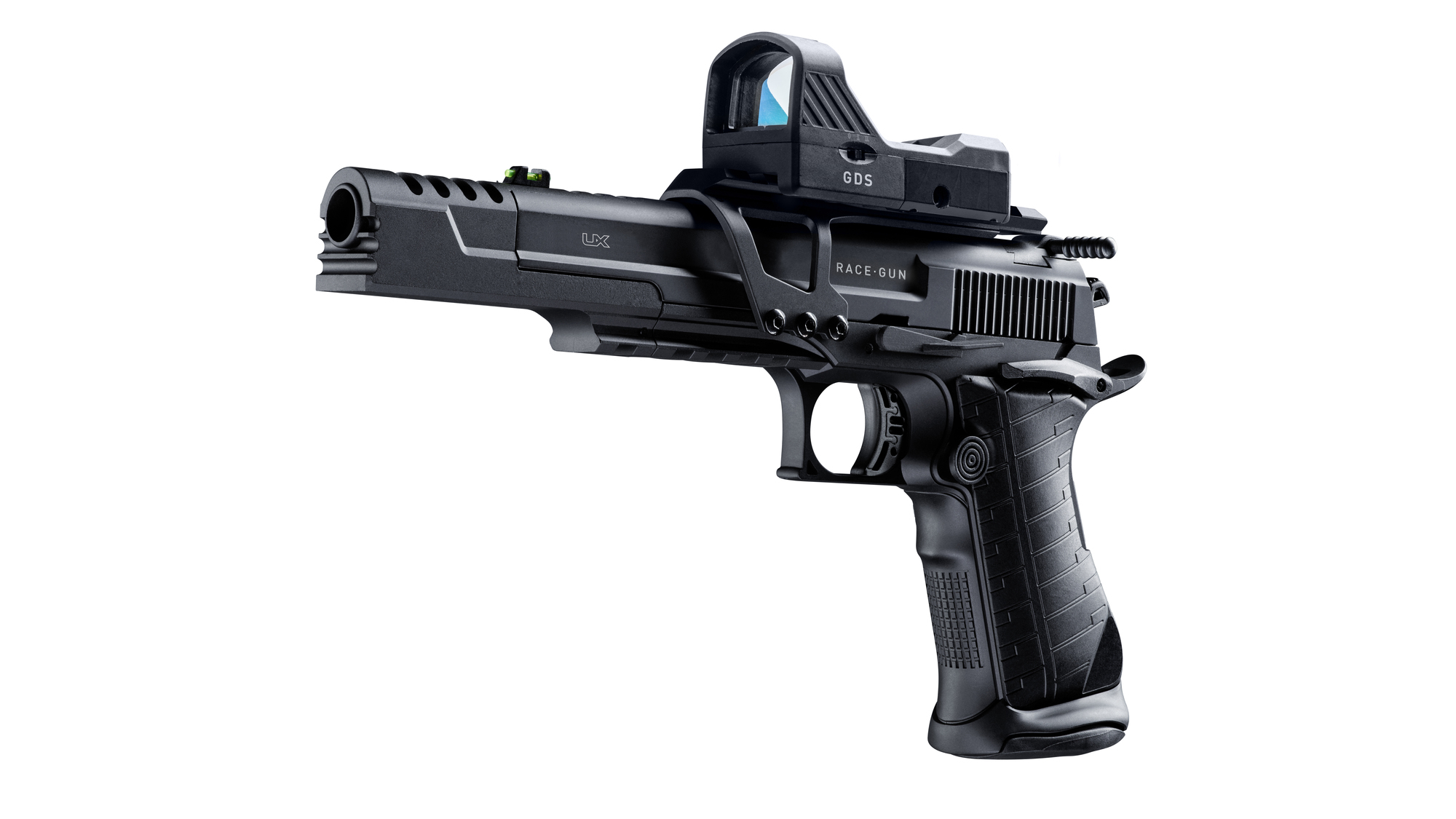 en exakt kopia av en välkänd IPSC tävlingspistol, tillverkad helt i metall. Justerbara och utbytbara öppna riktmedel (standard och fiber) samt rödpunktssikte ingår.