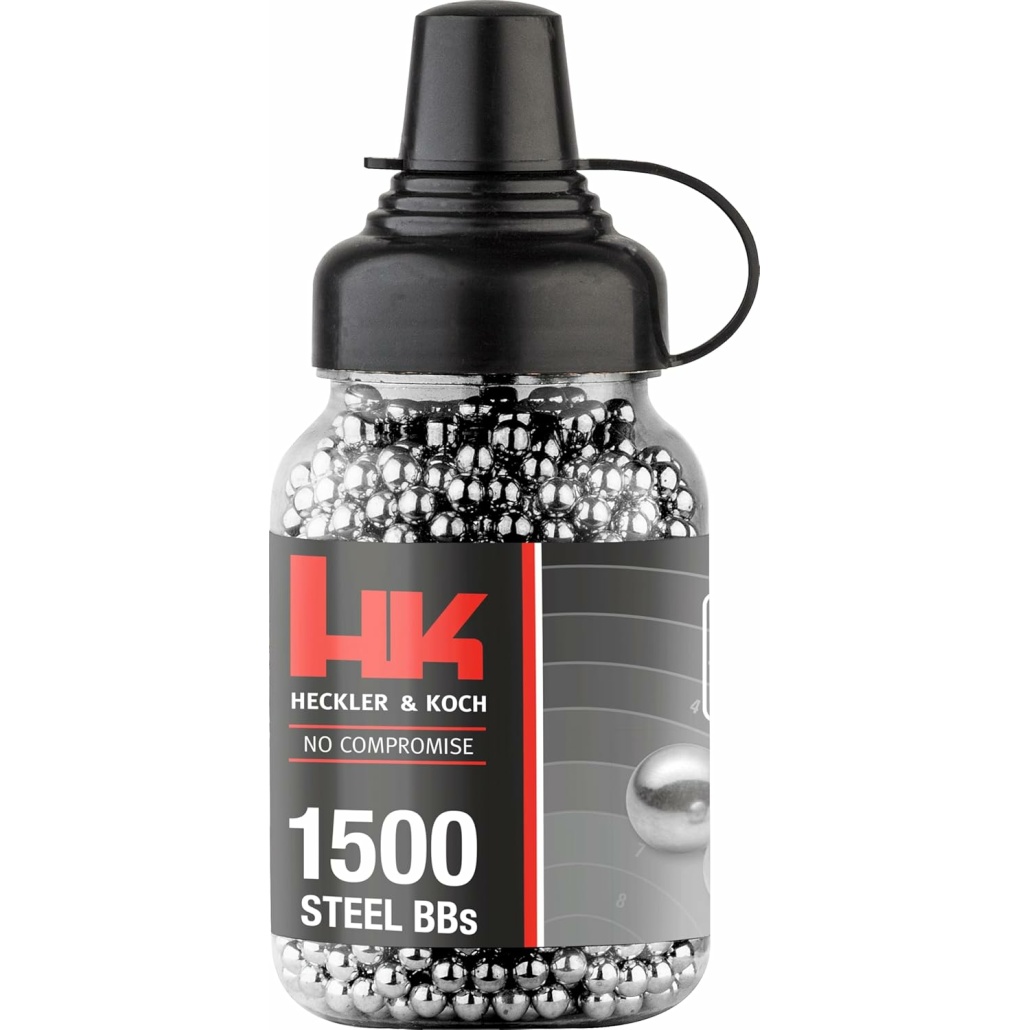 Umarex Heckler&Koch Steel BBs är en tillförlitlig stålrundkula svart coating med en mycket jämn prestanda. Tänk på rikoschett risken, använd skyddsglasögon!